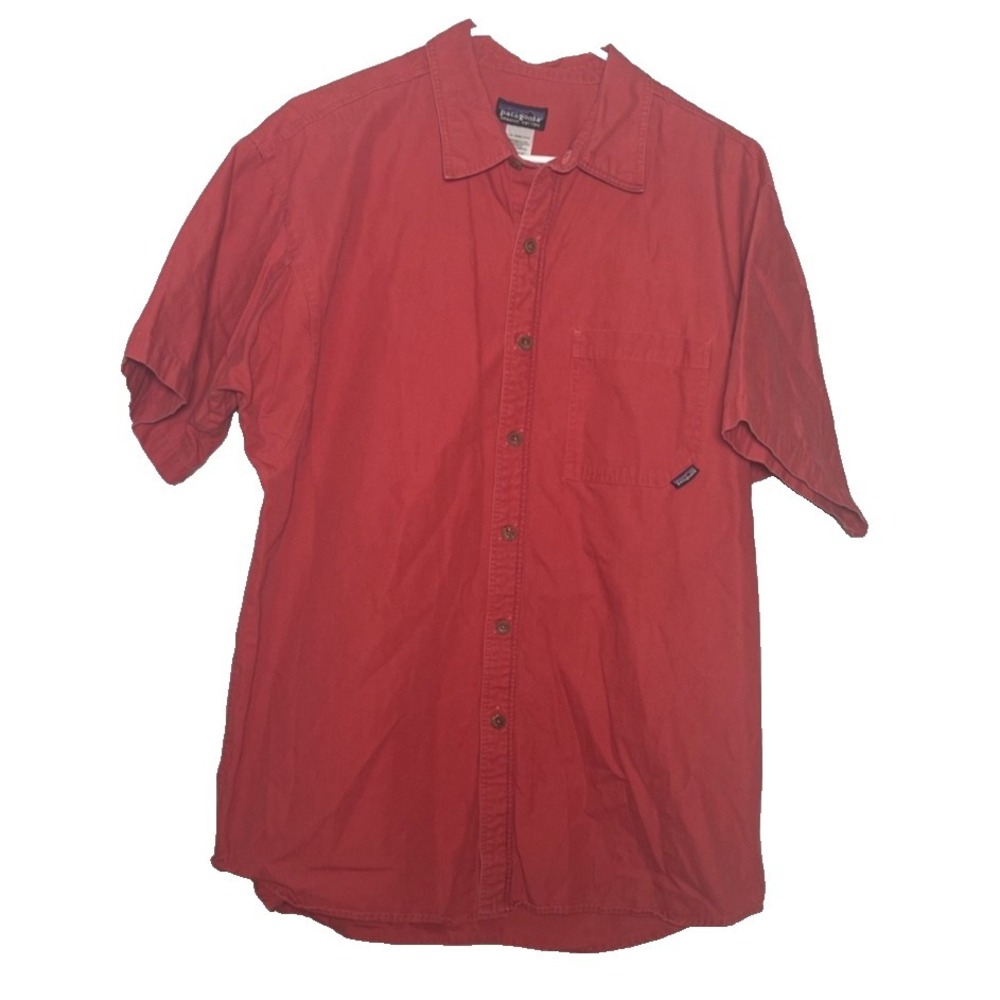 Patagonia Shirt Men's Medium Red Organic Cotton Short Sleeve Pockets Button Up